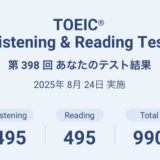 第398回TOEIC公開テスト（2025年8月24日）の結果