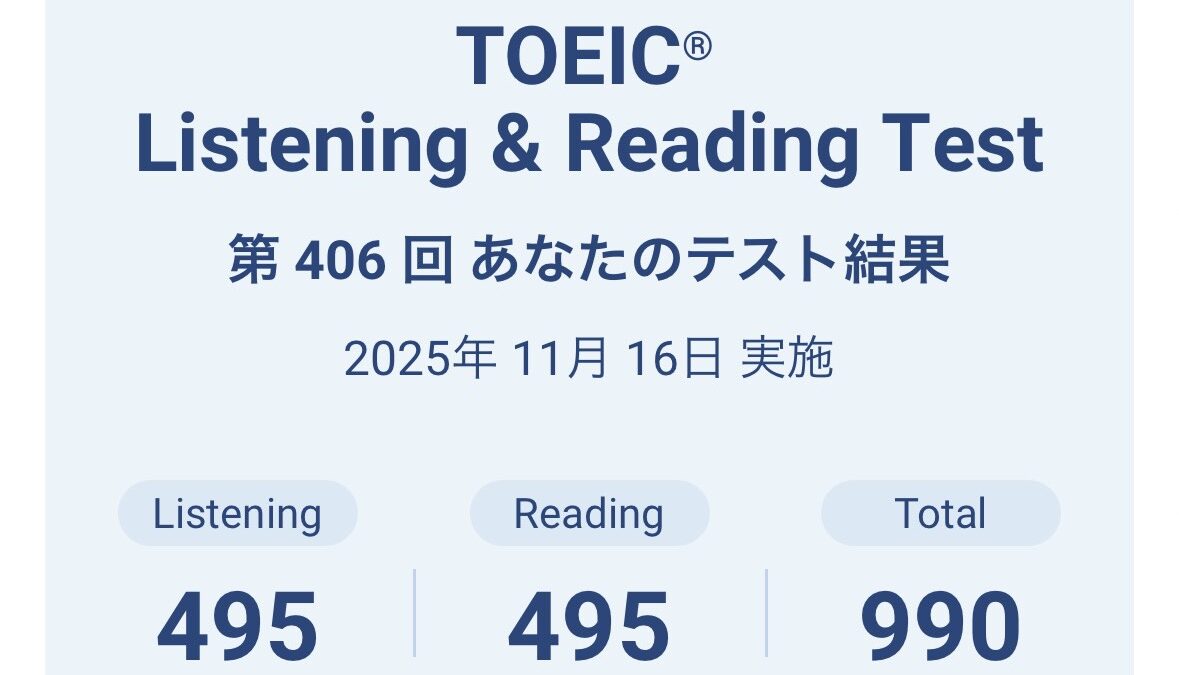 第406回TOEIC公開テスト（2025年11月16日）の結果